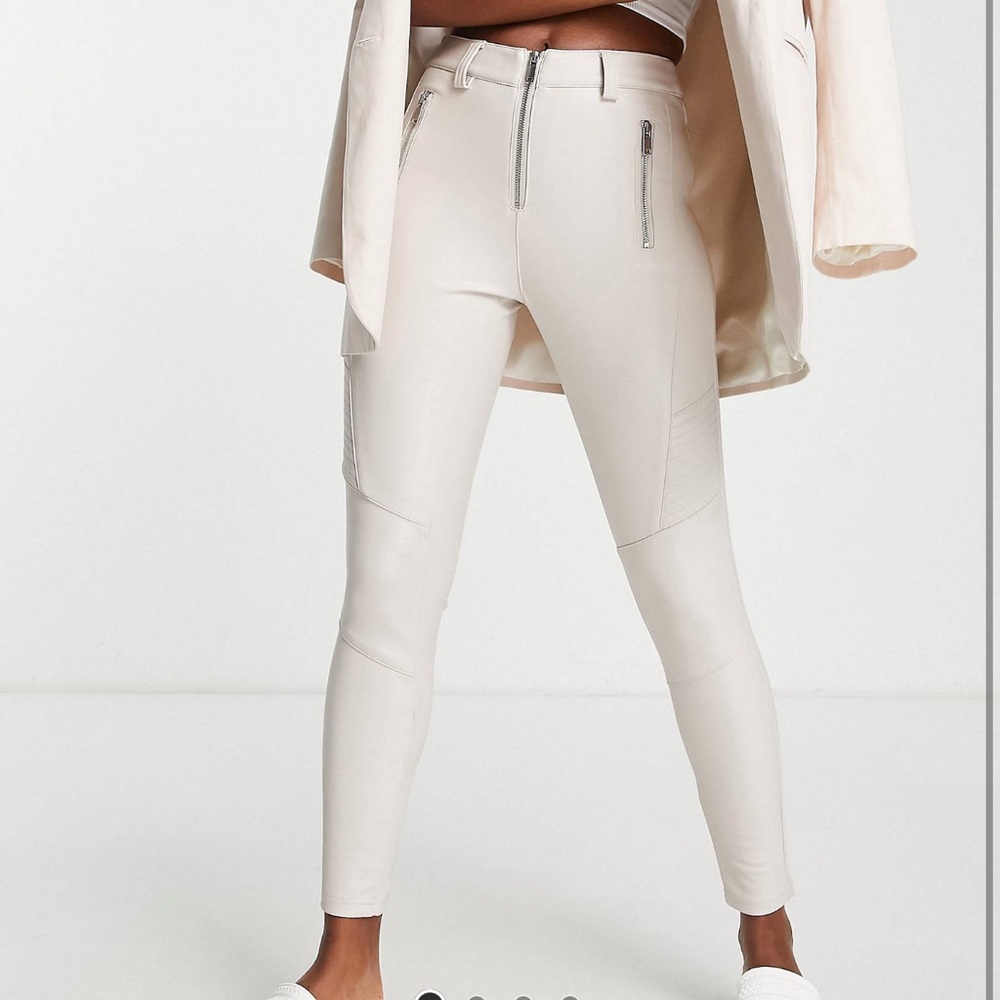 Topshop faux leather skinny fit biker pants in off white